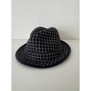 Perry Ellis Fedora Trilby Hat S/M Black Gray Plaid Wool Blend